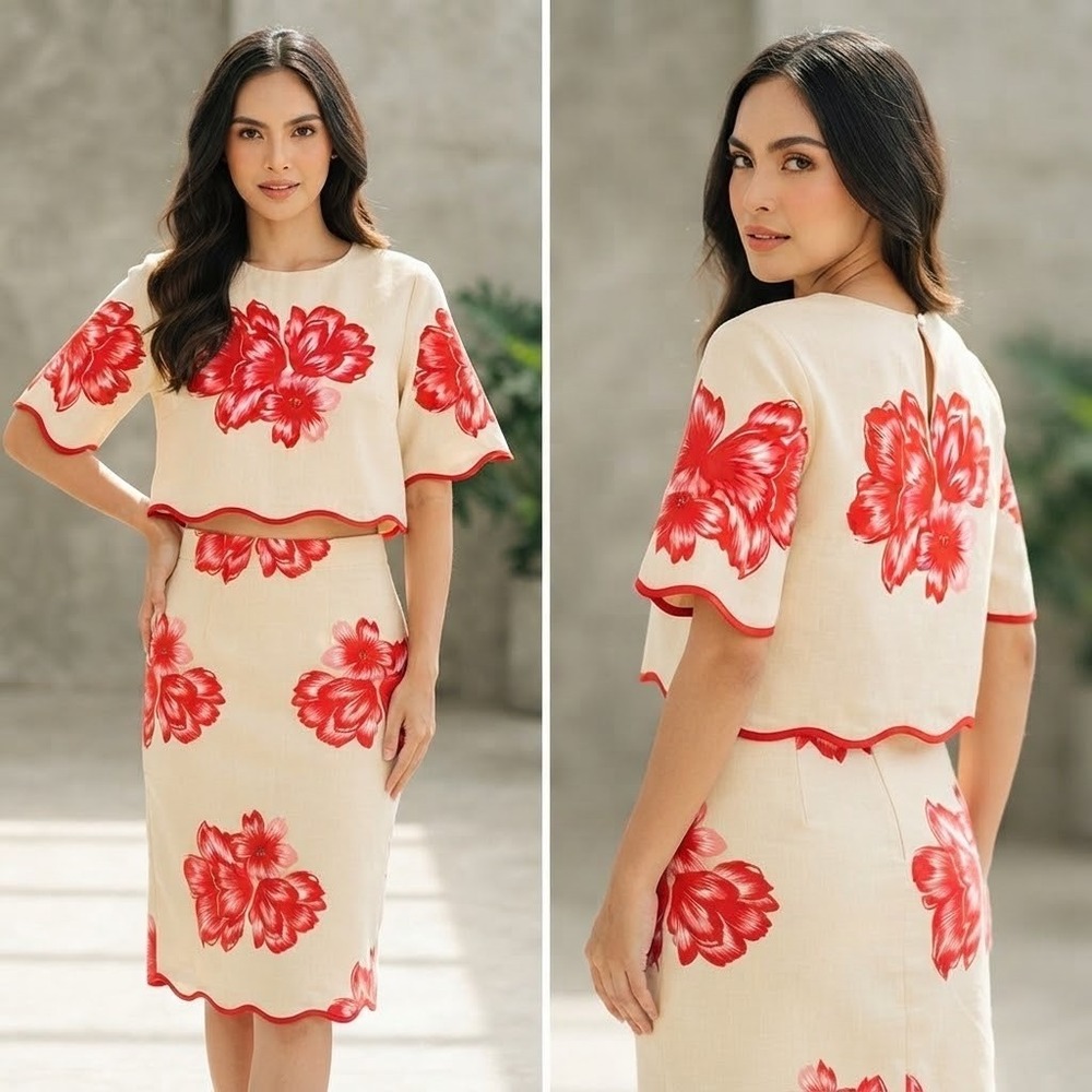 Adelyn Rae Red Floral Linen 2 Piece Set Crop Top Midi Skirt Scalloped Size M